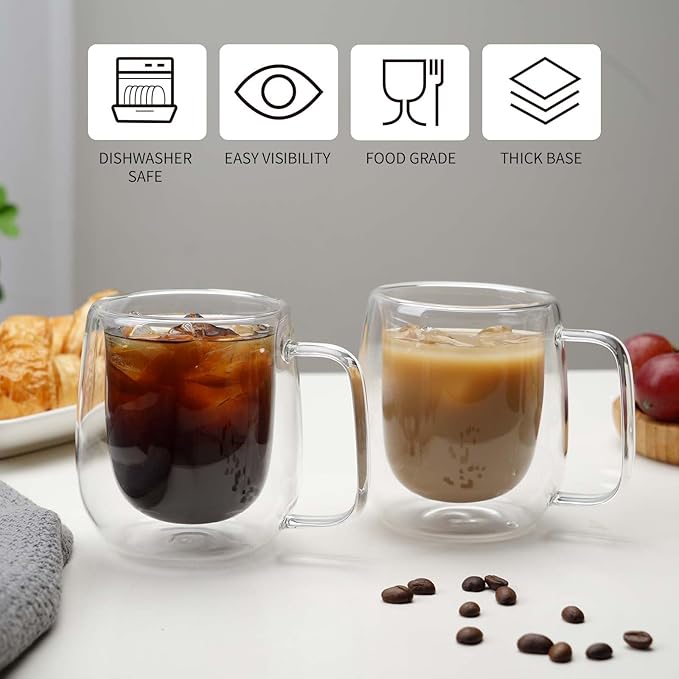 Double Wall Glass Coffee Mugs -8.2Oz Clear Insulated Glass Espresso Cups with Handle Mugs for Hot Beverages,set of 2 Perfect for Cappuccino Latte Americano Tea Bag (Small (2 PACK))