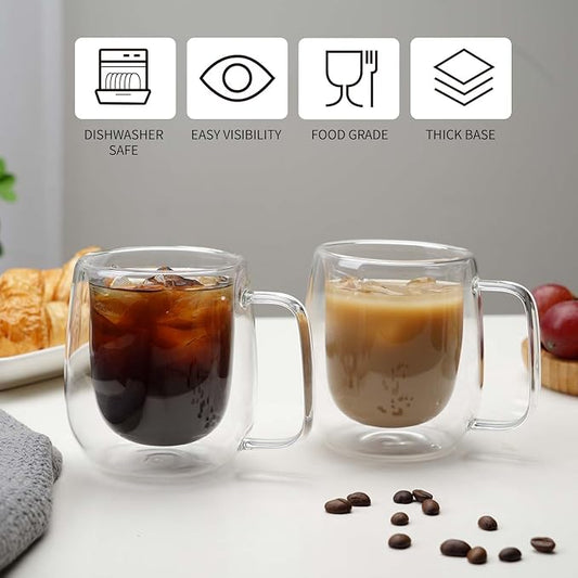 Double Wall Glass Coffee Mugs -8.2Oz Clear Insulated Glass Espresso Cups with Handle Mugs for Hot Beverages,set of 2 Perfect for Cappuccino Latte Americano Tea Bag (Small (2 PACK))