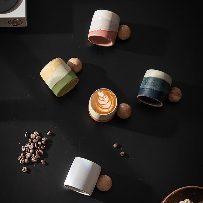 2-Oz Ceramic Espresso Cups with Wood Handle, 2/4-Piece Set for Coffee, Tea, Latte - Dishwasher Safe, Multi-Color & Wood Styles, Gift & Café Use (white, Round Handle4)