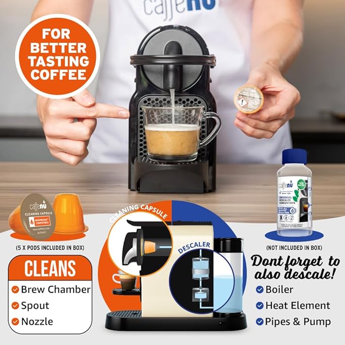 Caffenu Nespresso Compatible Cleaning Pods. 5 Cleaner Capsules. Improved Coffee Flavor. For Nespresso Originaline, Use with Descaling Kit.