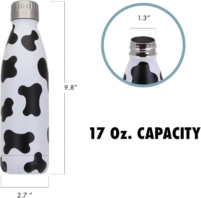 Holstein Cow Print Water Bottle - 17oz Vacuum Insulated Stainless Steel Bottle - Double Wall Copper Lined Thermos - Leak Proof & Sweat Free - Aesthetic Cow Gifts for Women & Adults by Vastigo