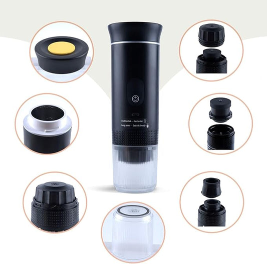 Portable Coffee Maker Espresso Travel Machine – Self-Heating Electric Espresso Maker, Compatible with Ground Coffee, Ideal for Travel, Camping, Office