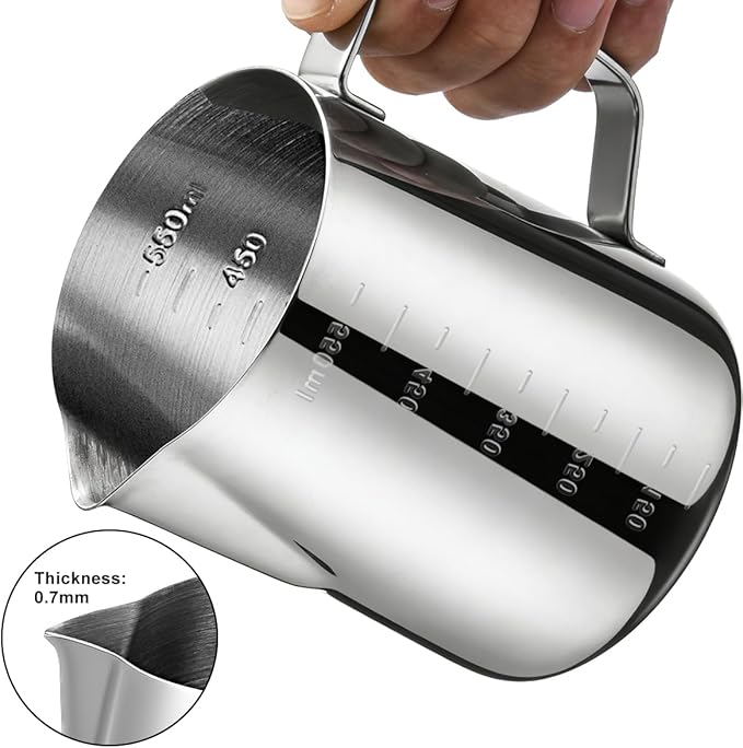 Milk Frothing Pitcher, 20oz Steaming Pitcher with Clear Scale, 304 Stainless Steel Milk Frother Cup Cappuccino Espresso Machine Accessories for Latte Art, Barista, Home Use, Easy Clean Barista Tool