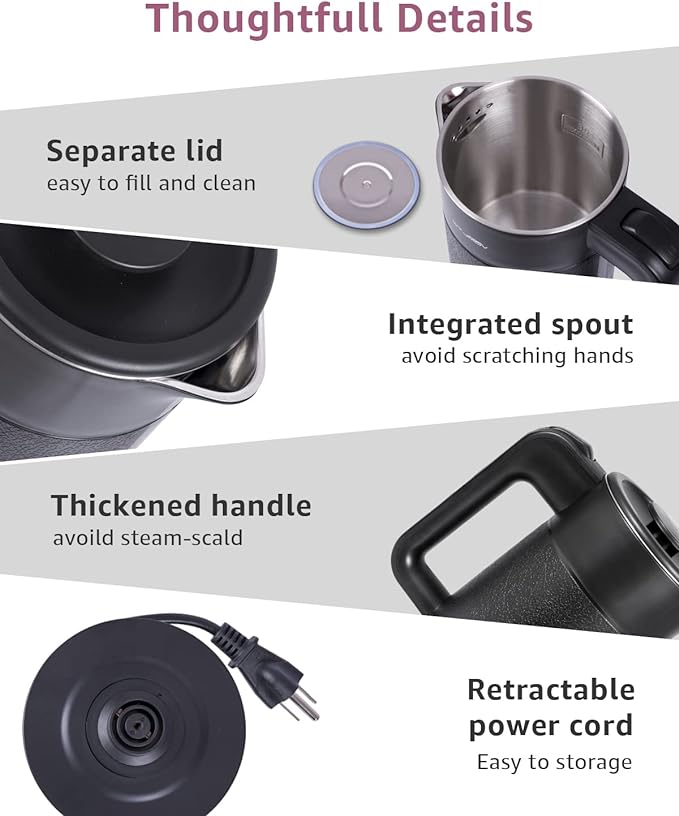 WTJMOV 0.6L Small Electric Tea Kettle Lightweight, 20 Ounce Double Wall Hot Water Boiler Stainless Steel Auto Shut-off, 120V Portable Travel Electric Kettle Fast Boil for Tea and Coffee, Black