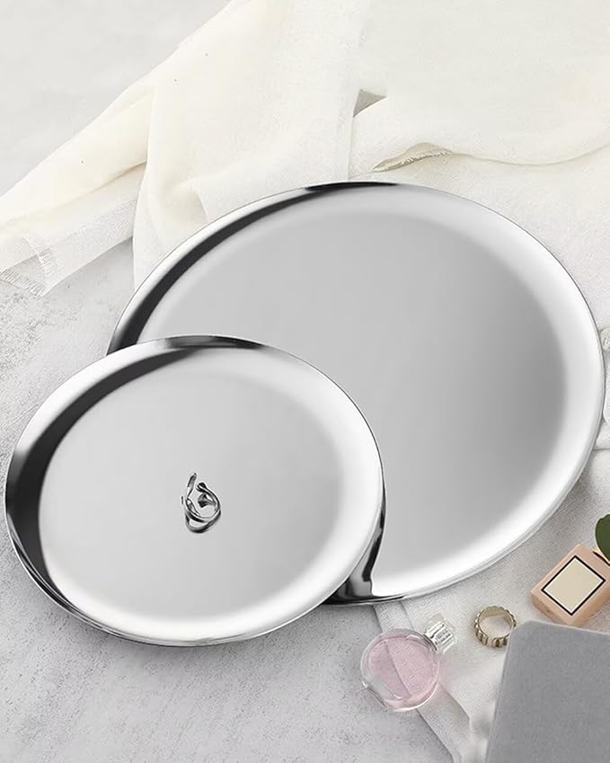 Serving Trays 11.8in Stainless Steel Decorative Tray Round Dessert Trays for Kitchen Wedding Party Light Silver