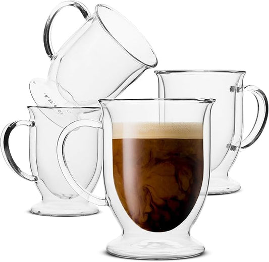BTaT- Double Walled Glass Coffee Mugs, 12 oz, Set of 4, Glass Coffee Cups with Handle, Insulated Clear Coffee Mug for Hot and Cold Beverages, Cappuccino, Latte, Tea, Americano, Microwave Safe