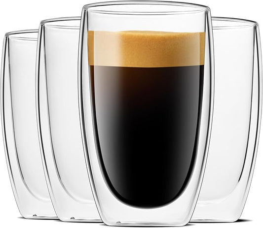 LUXU 16 Oz Double Walled Glass Coffee Mugs, 4-Pack Premium Coffee Cups, Double Wall Insulated, Perfect for Cappuccino, Espresso, Hot Beverage