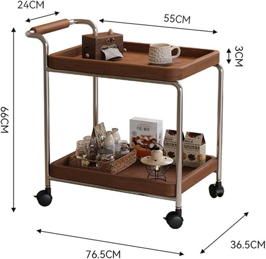 Mid Century Solid Wood Side Table,Rolling Cart,2 Tier Small End Table with Wheels,Mobile Side Table with Breathable Storage Basket,Suitable for Living Rooms,Kitchens,Bedrooms (Beige A)
