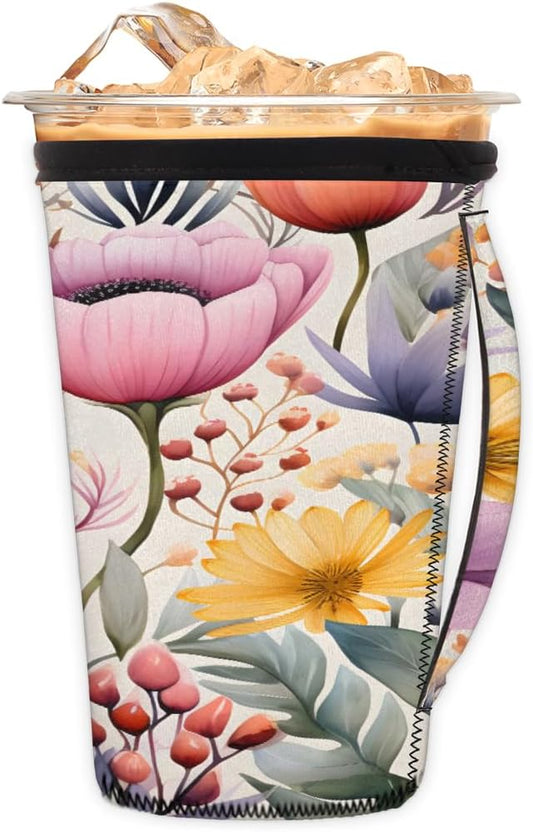 Reusable Iced Coffee Cup Sleeve Florals Neoprene Insulated Sleeves Cup Holder with handle Idea for 24oz - 28oz