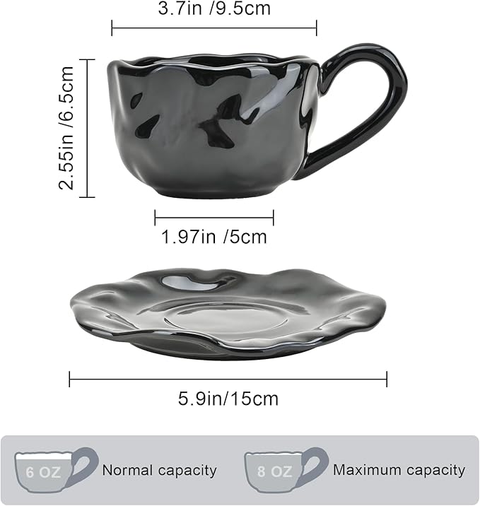 MyBudsBuzz Ceramic Espresso Cups with Saucers 6 oz,Coffe Cups for Cappuccino,Latte,Tea with Saucers Set of 2 - Flods - Black