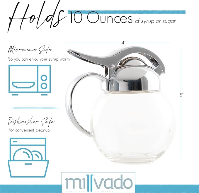 Millvado Syrup Dispenser, Restaurant Style Glass Honey or Maple Syrup Dispenser,10 Ounces, Dishwasher Safe