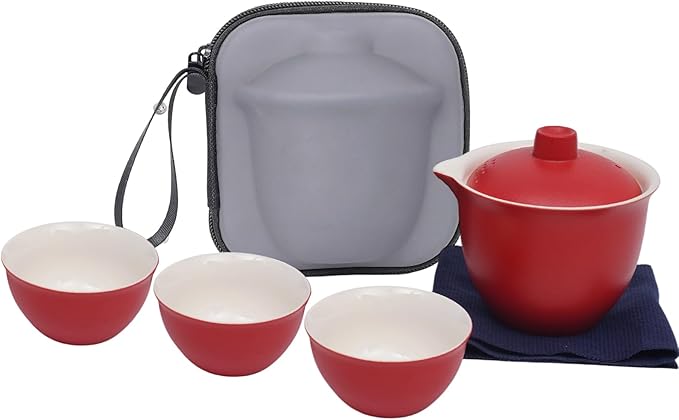 Porcelain Chinese Gongfu Tea Sets for Adults Ceramic japanese Tea Set Portable Kungfu Gaiwan Teapot and Cup Set Small Travel Teaset with Lid for Home Gifting Outdoor and Office (Red)