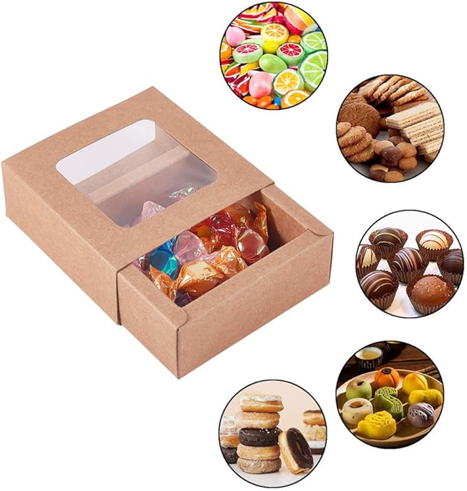 BENECREAT 24 Packs Square Kraft Paper Drawer Boxes with PVC Window Lid 2.5x2.5x1.2 Paper Gift Boxes for Bakery Party Favor Treats Storage
