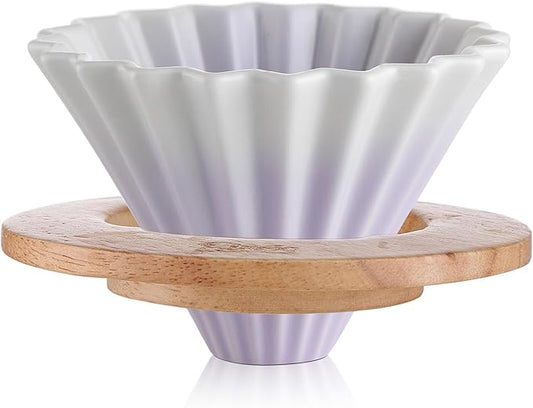 Bincoo Ceramic Coffee Dripper,Pour Over Coffee Dripper with Wood Stand, Flower-shape for 1-2 Cups Slow Brewing Maker for Home Cafe (Purple)