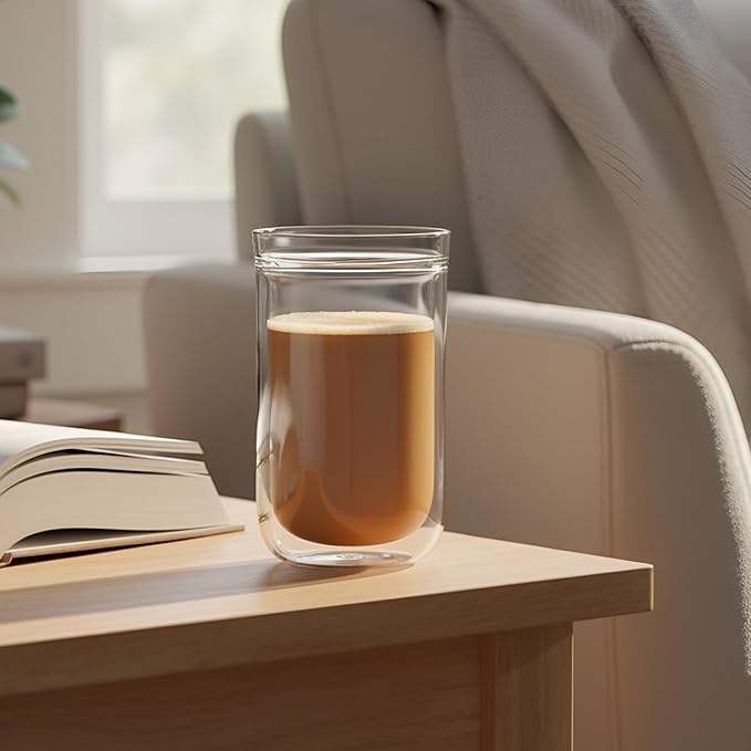 Aquach 12 Oz Double Walled Glass Coffee Mugs, Clear Glass Tea Cups, Microwave and Dishwasher Safe Home Office Insulated Cups Perfect for Americano Latte Hot&Cold Beverages, 2-Pack