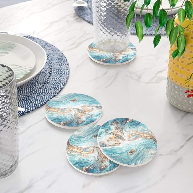 Lahome Marble Style Coasters - Round Drinks Absorbent Stone Coaster Set with Ceramic Stone and Cork Base for Kinds of Mugs and Cups (Blue, 4)