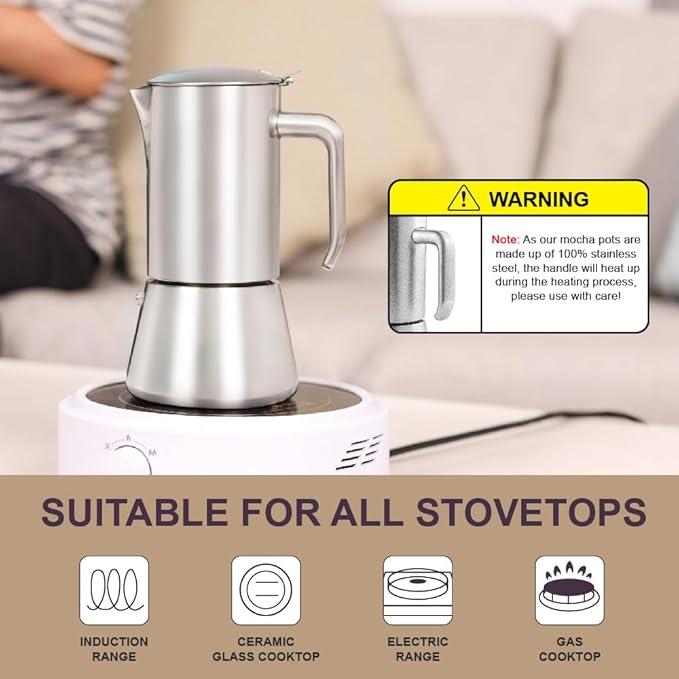 wedrink Stovetop Espresso Maker 9 Espresso Cups Stainless Steel Moka Pot for Greca, Induction, Electric & Gas Stoves(15 OZ/450ml)