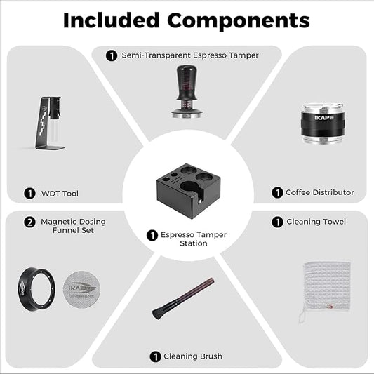 IKAPE 58mm Black Espresso Tool Set 8 IN 1, Coffee Tamper, Distributor, Magnetic Funnel, Puck Screen, Tamper Station, Stirrer Distribution Tool, Cleaning Towel and Brush
