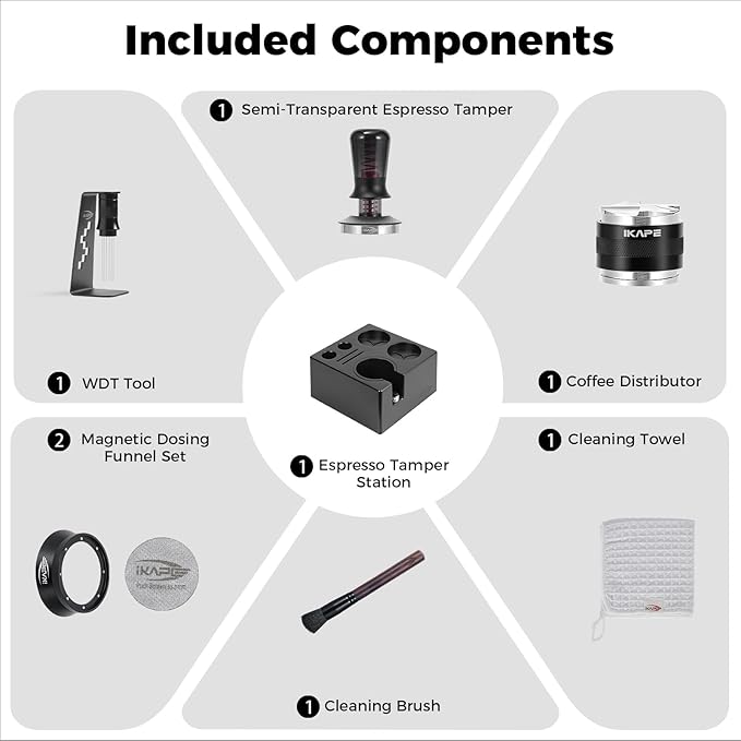 IKAPE 53MM Black Espresso Tool Set 8 IN 1, Coffee Tamper, Distributor, Magnetic Funnel, Puck Screen, Tamper Station, Stirrer Distribution Tool, Cleaning Towel and Brush