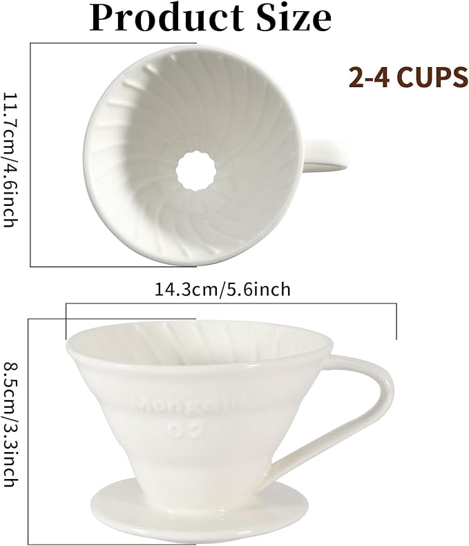Mongdio Ceramic Pour Over Coffee Dripper, Reusable Porcelain Portable Pour Over Coffee Maker, Slow Brewing Accessories with 1 Holes for Home - Size 02 White