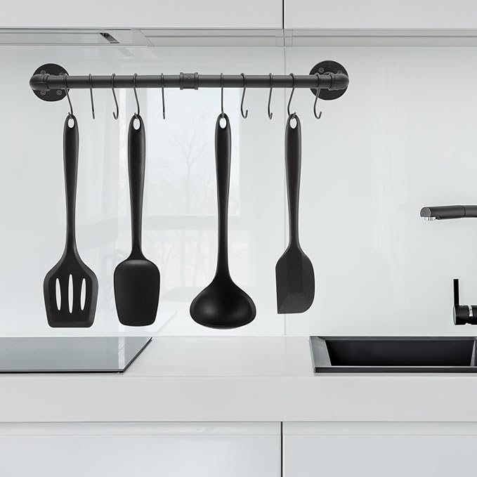 Wall-mounted Kitchen Pot Pan Rack with Hooks Industrial Hanging Utensil Holder Sturdy Space-saving Wall Rail Organizer for Cookware and Pots Easy to Install and Wear-resistant