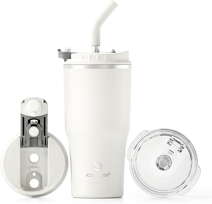 Ideus Insulated Tumbler with Lid and Straw 18 oz, Stainless Steel Double-Wall Vacuum Leak-Proof Travel Coffee Mug, Cup Holder Friendly, White
