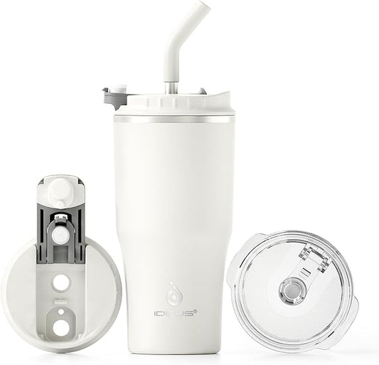 Ideus Insulated Tumbler with Lid and Straw 18 oz, Stainless Steel Double-Wall Vacuum Leak-Proof Travel Coffee Mug, Cup Holder Friendly, White