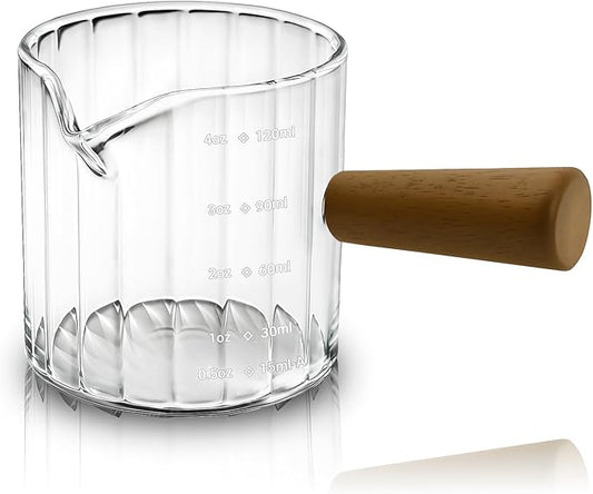 Espresso Measuring Cup 4 Oz, Espresso Glass Cups with Wood Handle, Milk Frothing Cup, Espresso Cup for Coffee, Milk, Tea or Maple Syrup Serving (Transparent, 4 oz)