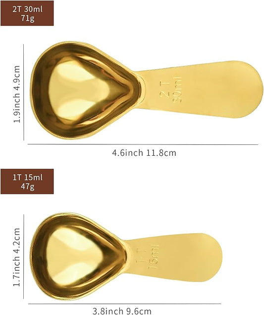 2 Pieces Stainless Steel Coffee Scoops Set(1 Tbsp,2 Tbsp) Durable Coffee Spoons with Ergonomic Handle Measuring Tablespoon for Canisters Tea Sugar Ground Coffee Whole Bean Milk Powder Flour (Golden)