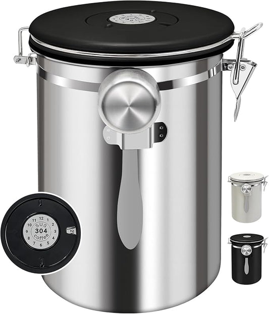 2.8L Airtight Vacuum Coffee Canister, Stainless Steel Storage Container for Coffee Beans and Grounds with Scoop.Suitable for coffee powder, coffee beans, rice, tea leaves, sugar, flour, and grains