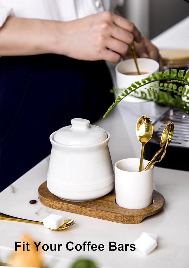 Nucookery Porcelain Sugar Bowl with Lid and Spoons, 14 oz. Large Sugar Container for Coffee Bar, Deluxe Sugar Bowl Set with Stainless Steel Spoons (White, Golden Spoon)