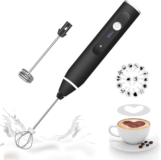 Milk Frother Handheld, Gbivbe Rechargeable Whisk Drink Mixer for Coffee with Art Stencils, Coffee Mixer for Cappuccino, Hot Chocolate Match, Frappe, Hot Chocolate, Egg Whisk