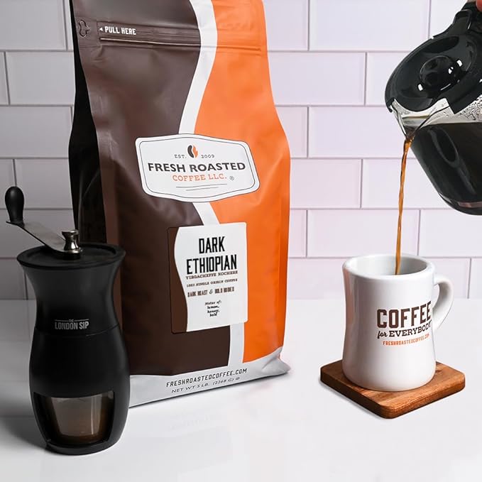 Fresh Roasted Coffee, Dark Ethiopian Yirgacheffe Kochere, 5 lb (80 oz), Dark Roast, Kosher, Whole Bean