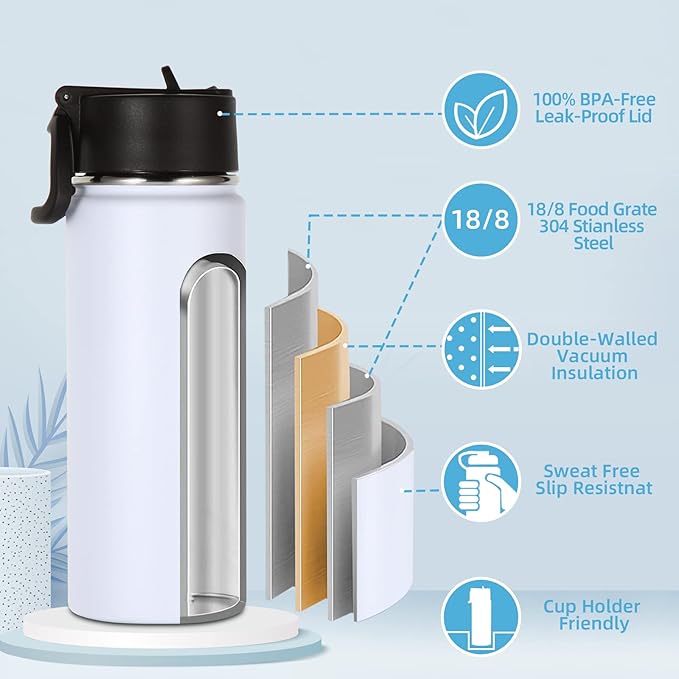 Volhoply 16 OZ Kids Water Bottle Bulk 8 Pack,Insulated Sports Bottles with Straw Lid,Stainless Steel Bottle with Handle Keep Cold & Hot,Double Wall Vacuum Tumbler Cups for School(White, 8)