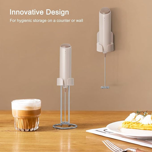 Rechargeable Coffee Frother by ELMWAY, Electric Milk Frother with Charging Stand & Wall Mount, Handheld Drink Mixer, Foam Maker for Coffee, Matcha - Beige