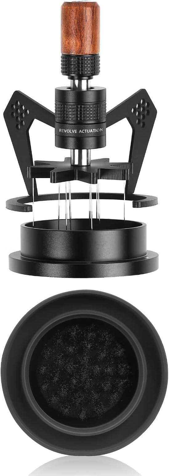 IKAPE Mantis WDT Distribution Tool with Clean Brush, V3-54mm Espresso Stirrer for Barista - 8 Needle Espresso Stirrer with Dosing Funnel & Stand, Adjustable Needle Height, Walnut Handle