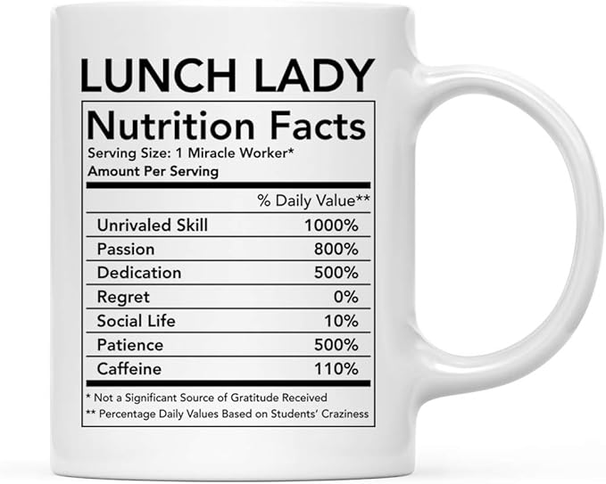 Andaz Press Funny 11oz. Ceramic Coffee Tea Mug Thank You Gift, Lunch Lady Nutritional Facts, 1-Pack