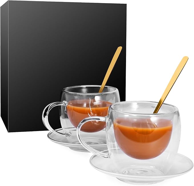 Clear Glass Coffee Cups with Spoons in a Luxurious Gift Box Set of 2 Pieces - 5.5oz in Sizes Double Wall Insulated Reusable Cups for Home Cafe Restaurant - Best Gift for Coffee Lovers