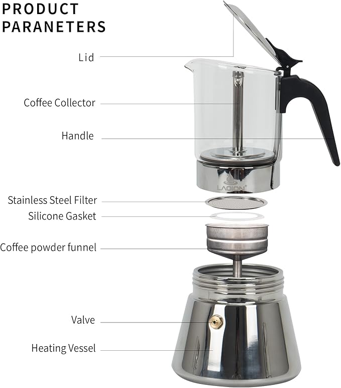 LAOION Stovetop Espresso Maker, 6Cup 240ml Classic Moka Pot, Crystal Glass-top & Stainless Steel Coffee Maker Mocha Pot, Greca De Cafe, Cuban and Italian Coffee Maker for Cafetera Cubana