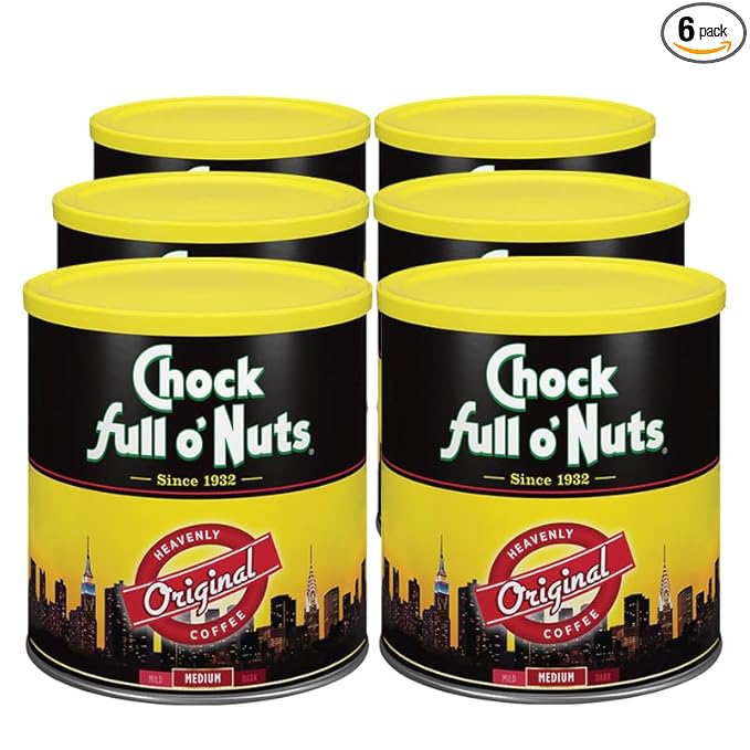 Chock Full o' Nuts Heavenly Original Ground Coffee – Premium Beans in Recyclable Steel Can – Rich Flavor & Aroma, Medium Roast – Perfect for Drip, Pour-Over, Percolator – 30.5 Oz Can, Pack of 6