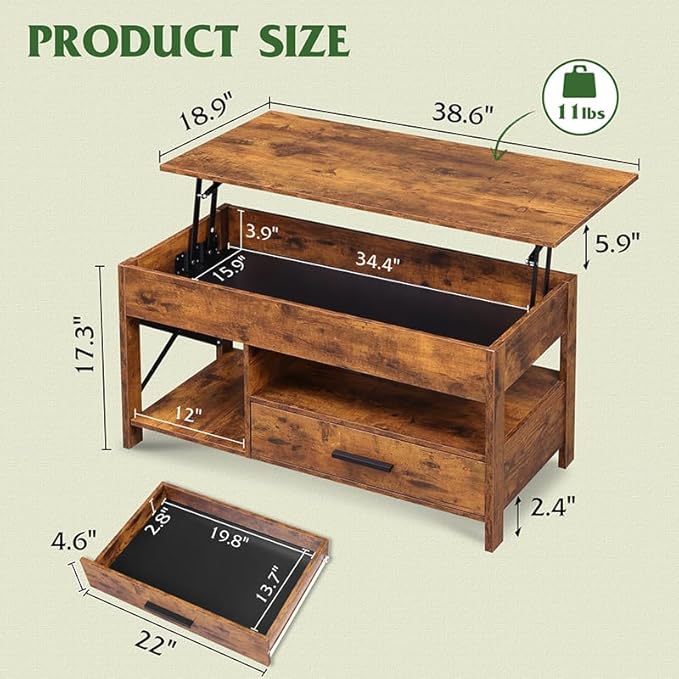 WLIVE Lift Top Coffee Table, 39" Coffee Table with Storage Drawers, Hidden Compartment, Wooden Lift Tabletop Center Table for Living Room, Home, Rustic Brown