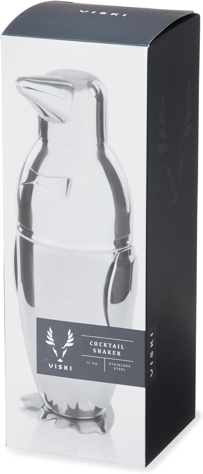 Viski Penguin Cocktail Shaker with Strainer, Stainless Steel Cobbler Shaker for Margaritas, Whiskey Sours & Other Cocktails, Bar Cart Accessories for Home Bars, Cocktail Party Essentials, 17 oz