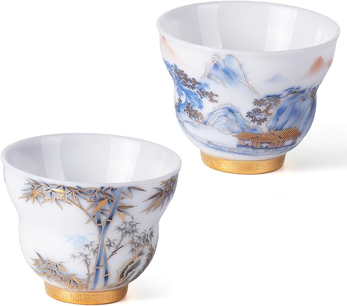 KAMMAK Ceramic Tea Cups Small, Cute Vintage Coffee Cup Set of 2, Porcelain Teacups Espresso Mug, 3.2oz Hand Painted Chinese Afternoon Tea Party Mugs, Birthday Gift for Women Men, Ice Fortune