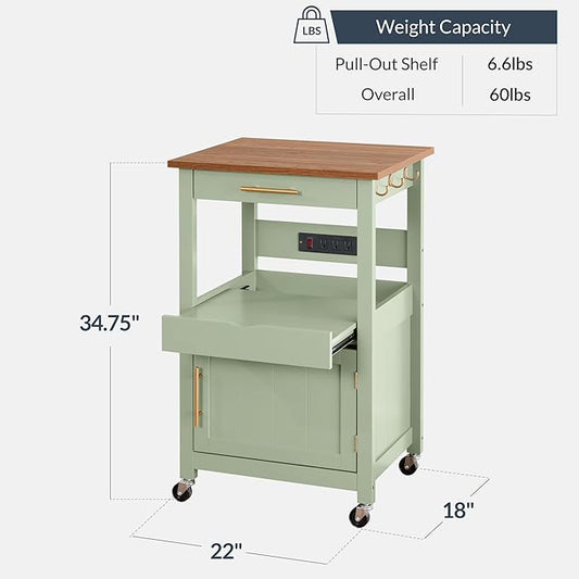 Best Choice Products Rolling Kitchen Island Cart, Single Door Cabinet W/Drawer, Sliding Tray, Outlet, Swivel Lockable Wheels, Hooks, Coffee Cart, Microwave Stand, for Dining Room - Pistachio Green