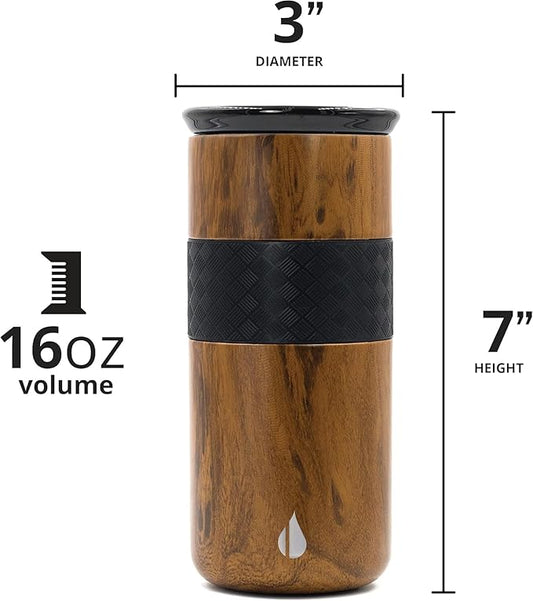 Elemental Artisan Insulated Tumbler, Triple Wall Coffee Travel Mug, Reusable Stainless Steel Coffee Tumbler with Ceramic Lid, Thermal Coffee Cups for Hot (6 Hrs) & Cold (18 Hrs), 16oz - Teakwood