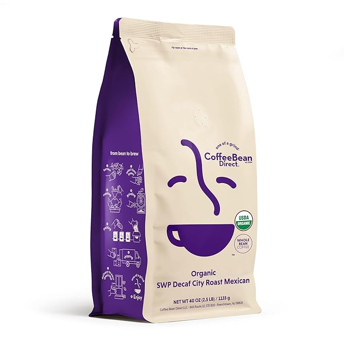 Coffee Bean Direct Organic SWP Decaf City Roast Mexican, Whole Bean Coffee, Medium Roast, 2.5 Pound Bag (Pack of 1)