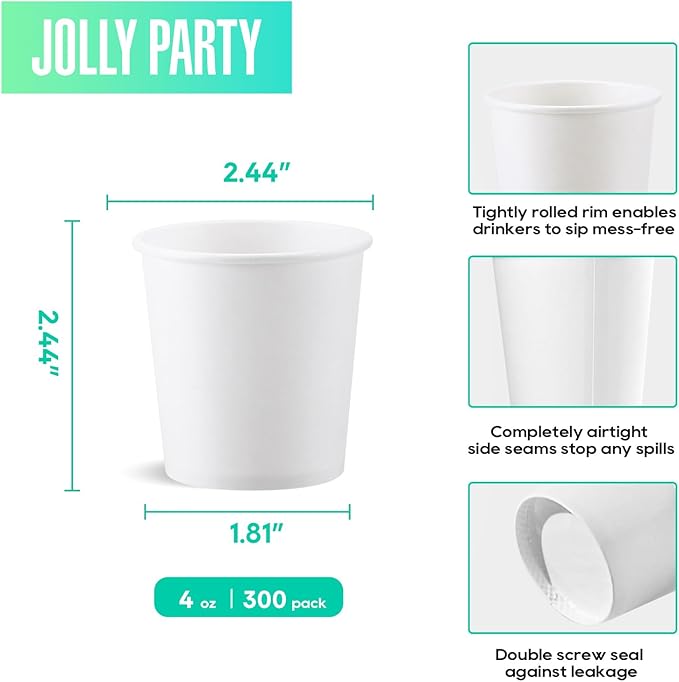 JOLLY PARTY 300 Pack 4 oz Disposable Paper Coffee Cup, Hot/Cold Beverage Drinking Cups for Water, White Hot Paper Coffee Cups