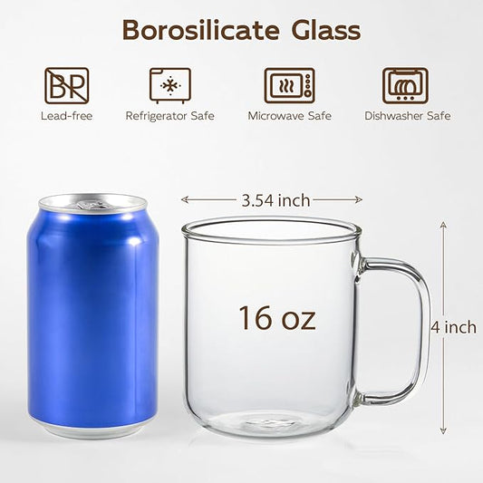 Glass Coffee Mugs, 16 oz Ice coffee cups, Large Clear Tea Cups Set of 2, Glass Mugs with Handles, Glass Cups for Latte, Cappuccino, and Tea