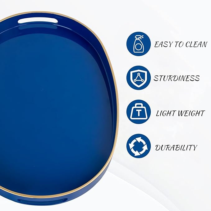 MAONAME Blue Decorative Tray, Oval Serving Tray with Handles, Plastic Trays for Coffee Table, Ottoman Trays for Living Room, Bathroom, 15.6" X 10.6" X 1.4"