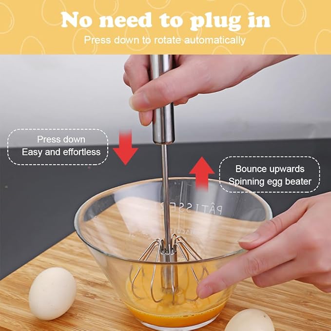 Stainless Steel Egg Whisk, 2025 New Semi-Automatic Whisk Hand Push Rotary Whisk Blender for Baking Cooking, Kitchen Hand Mixer Stirrer Tool for Beating Eggs, Butter, Milk (Sliver, 14in)